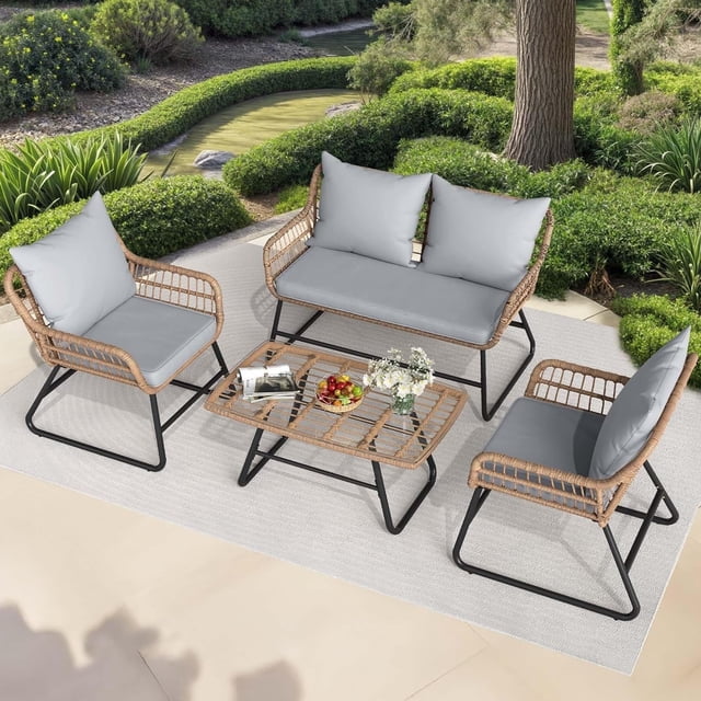 4-Piece Outdoor Rattan Patio Bistro Sofa Furniture Set, Straight Leg Design with Washable Seat Cushions & Tempered Glass Top Table, All-Weather Conversation Set for Garden, Balcony, Porch & Poolside
