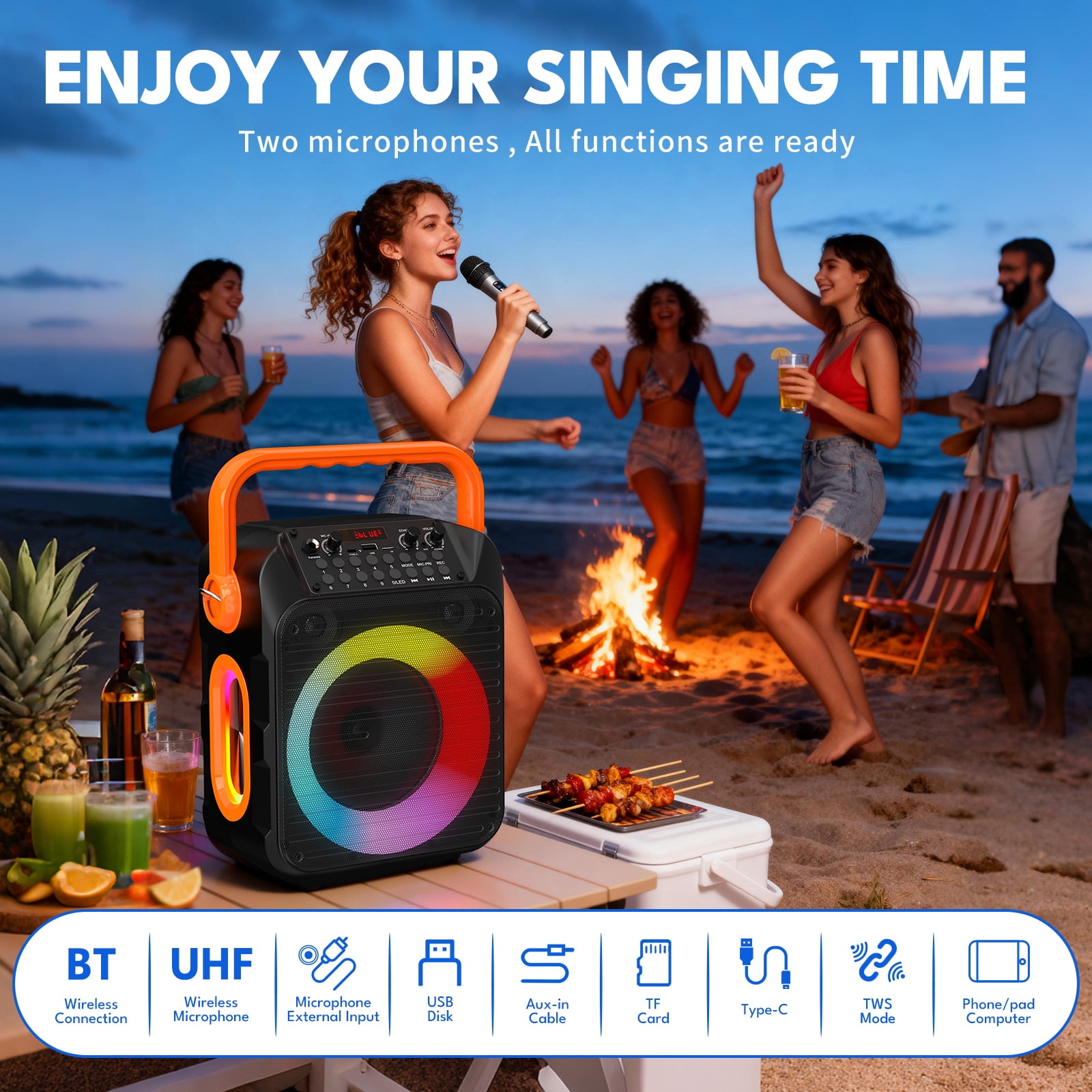 Dammyty Karaoke Machine for Adults Kids, Karaoke Speaker with 2 Microphone, Portable Bluetooth Speaker with DJ Lights for Partyth Speaker for Outdoor Party