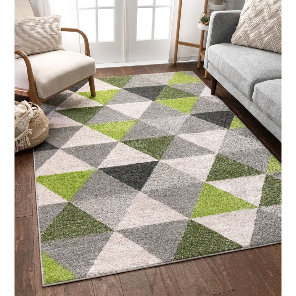 Well Woven Isometry Green & Grey Modern Geometric Triangle Pattern Area