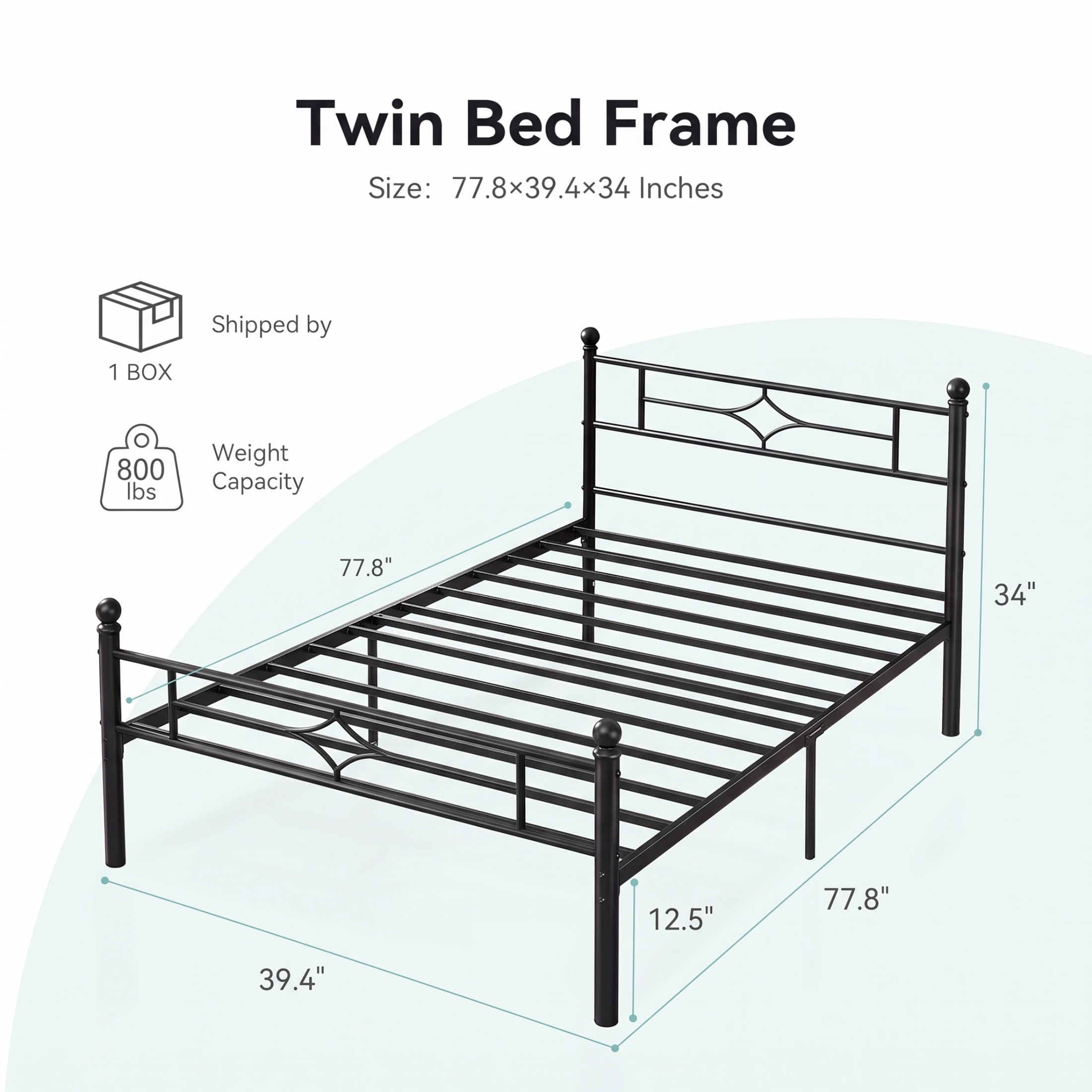 Twin Size Bed Frame, Sailvan Twin Bed Frame with Headboard, Platform Metal Bed Frame Twin with Under Bed Storage, Heavy Duty Twin Bed, 800 lbs, Black