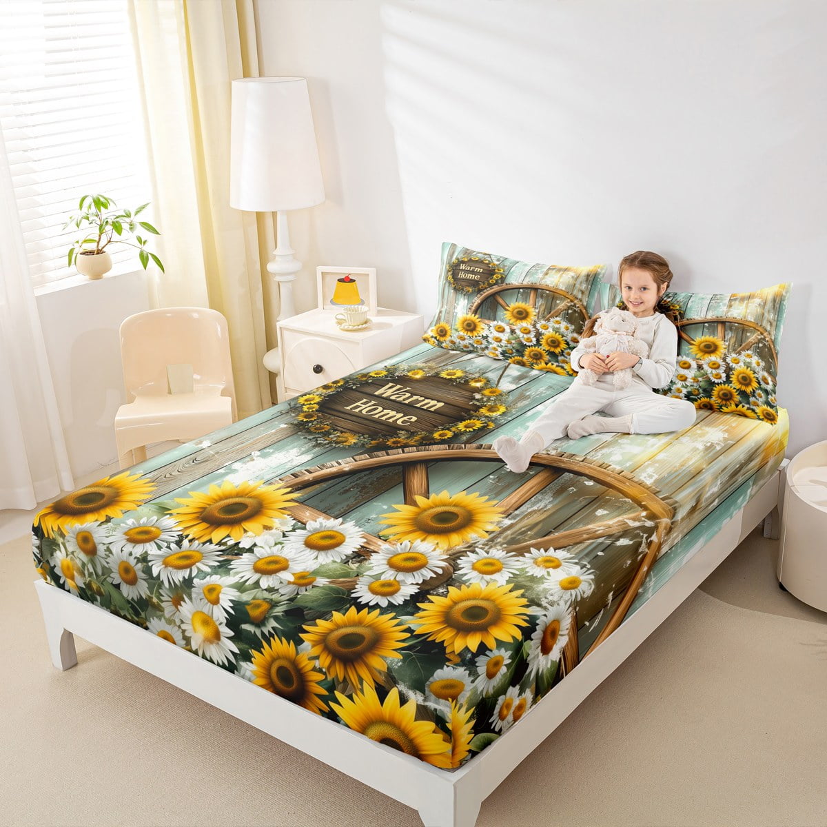 Homewish Rustic Warm Home Full Size Sheets for Kids, Sunflower Groovy Floral Bed Sheets, Vibrant Plant Botanical Sheet Sets, Ultra Soft Bedroom Decor, 4-Piece