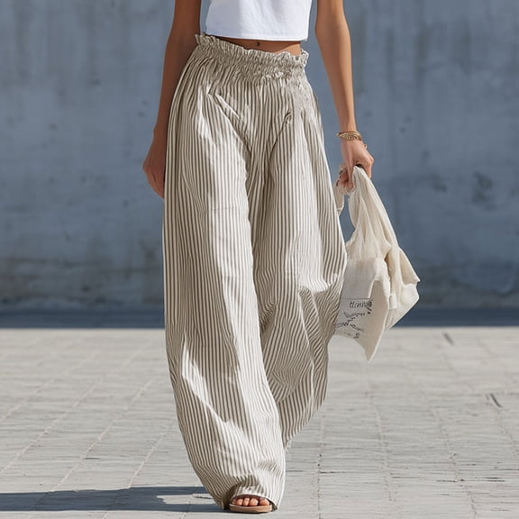 Cagogo Women Plus Size Harem Pants Elastic Waist Flowy Striped Boho Vacation Lounge Wide Leg Cropped Palazzo Trousers Summer Travel Beach Casual, Coffee S