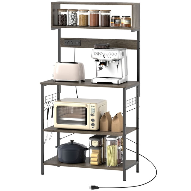 Distressed Grey Baker's Rack with Power Outlet & USB - Kitchen Microwave Shelf, 60.2" Tall Storage for Living Room, Dining Area