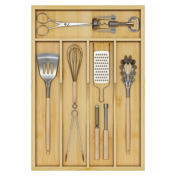 Bamboo Utensil Organizer for Kitchen Drawers, Utensil Tray and Cutlery Silverware Holder,Wood Drawer Dividers with 5 Slots