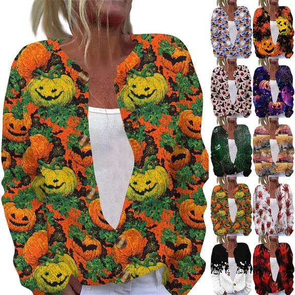 Halloween Cardigan for Women Funny Halloween Pumpkin Womens Cardigan Sweaters Knit Button Down Cropped Long Sleeve Fall Trendy Comfy Cardigan Outwear Yellow 4XL