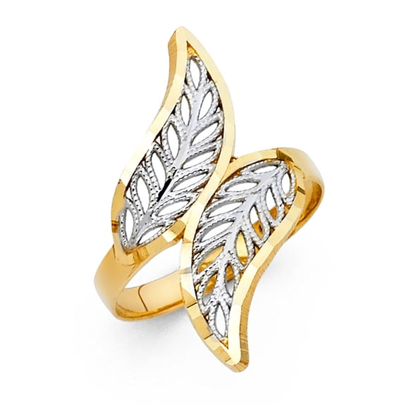 14k Yellow & White Gold Leaf Ring Curved Band Diamond Cut Filigree Design Fancy Two Tone 26MM Size 7