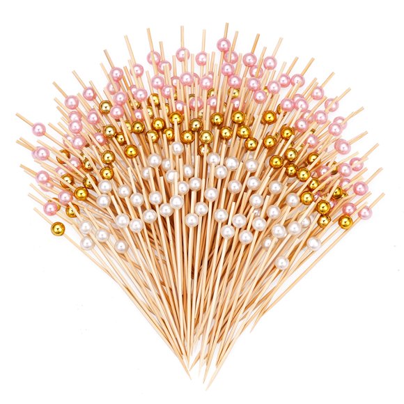600Pcs Cocktail Picks Toothpicks for Appetizers 4.7" Fancy Gold and Pink Ball Bamboo Skewers Wood Food Sticks Decor for Party Fruit Drinks Sandwich W
