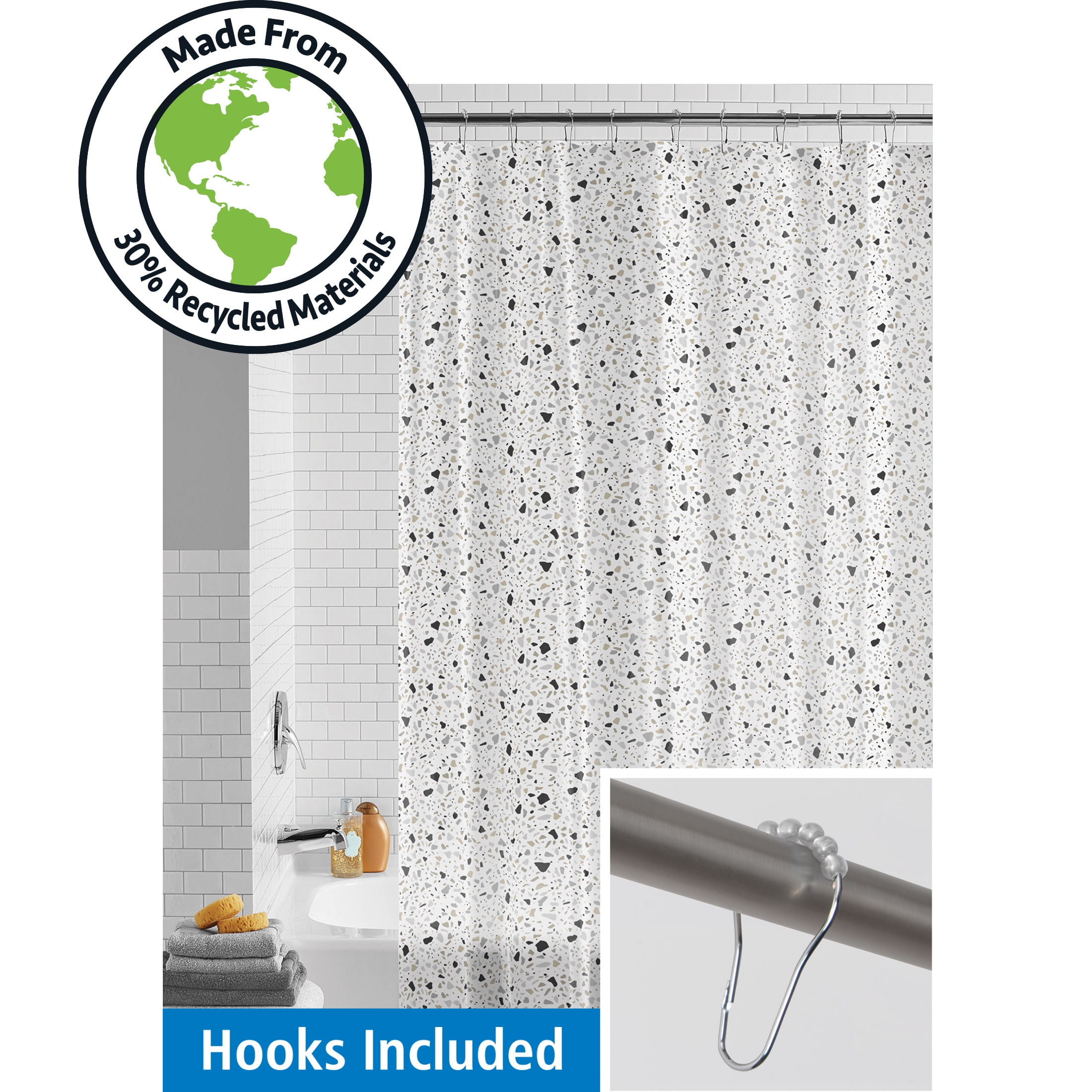 (4 pack) Mainstays Eco-friendly Terrazzo Waterproof Recycled PEVA Shower Curtain Set and Hooks, Black, White