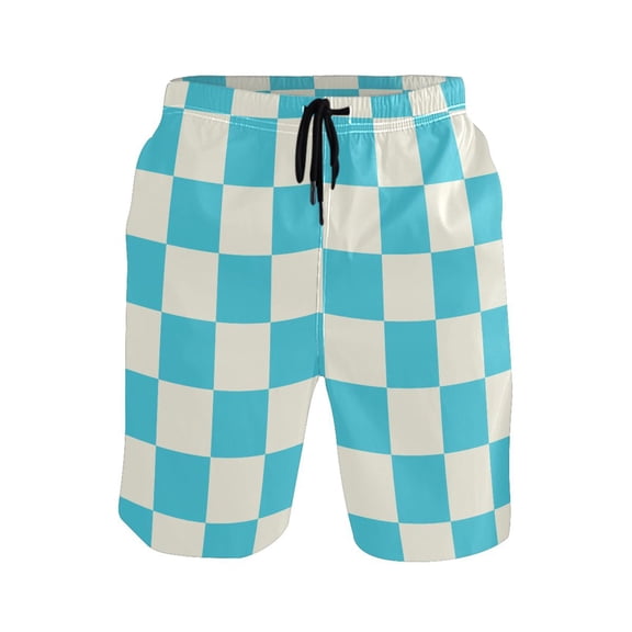 Blue White Checked Pattern Mens Swim Trunks Quick Dry Board Shorts Breathable Fit Beach Shorts Swimwear
