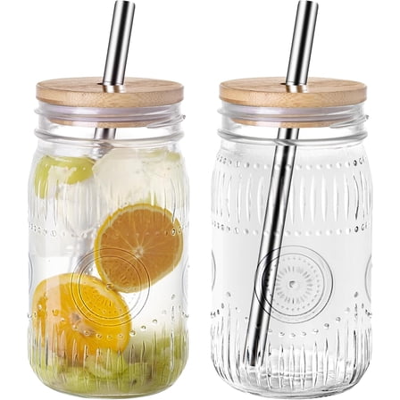 Wide Mouth Mason Jars - Reusable Drinking Cups with Bamboo Lids Straws