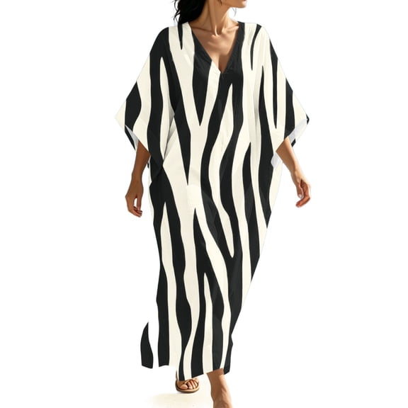 HAPIMO V Neck Print Batwing Sleeve Kaftan Maxi Dress Women Casual Dress for Beach Black L