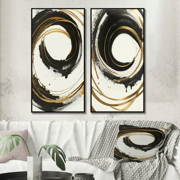Designart "Curvaceous Black and Gold Design I" Abstract Spirals Framed Wall Art Set Of 2 - Black Abstract Framed Canvas Set For Living Room Decor