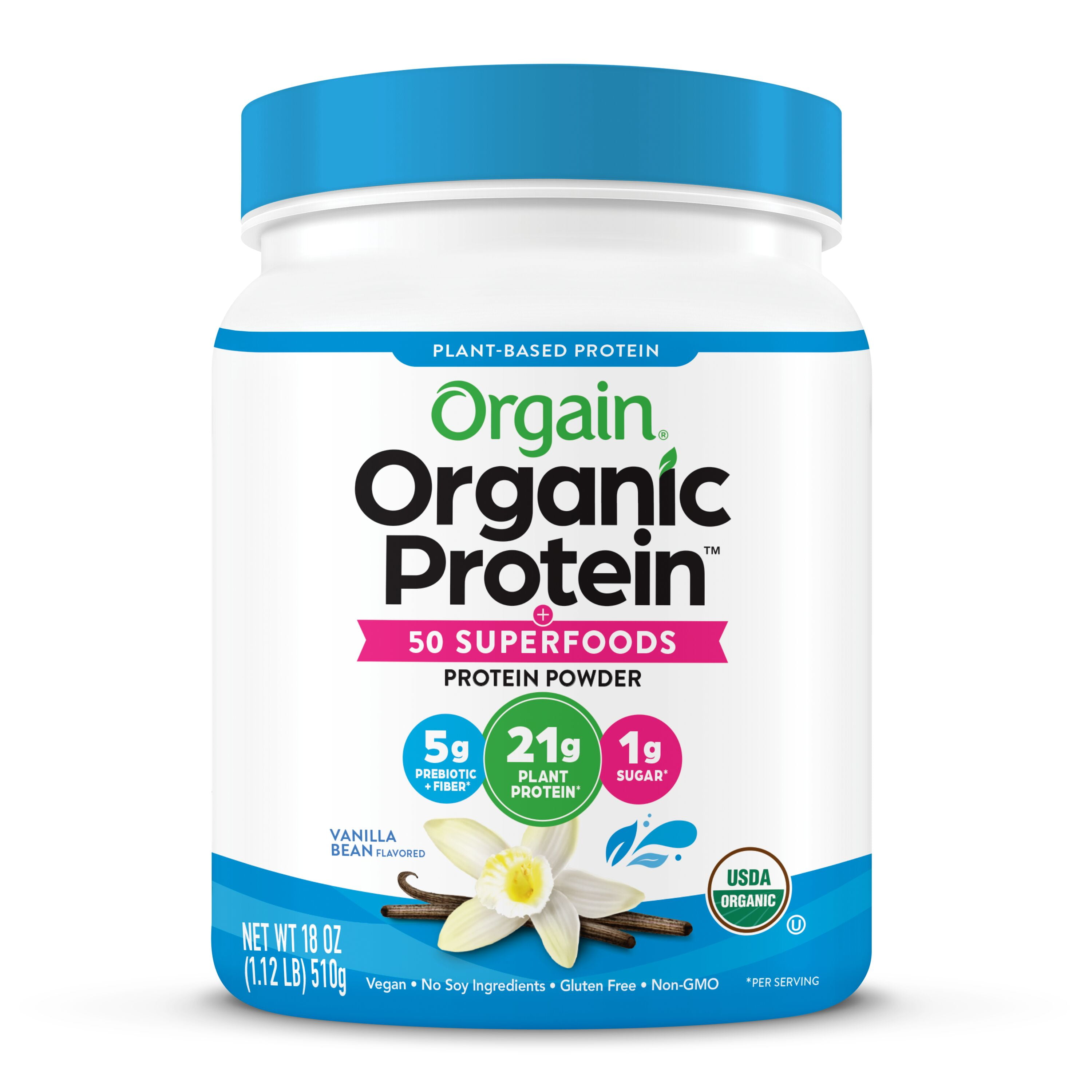 Orgain Organic Plant Based Protein + Superfoods Powder, Vanilla Bean, 21g Protein, 1.12 lb