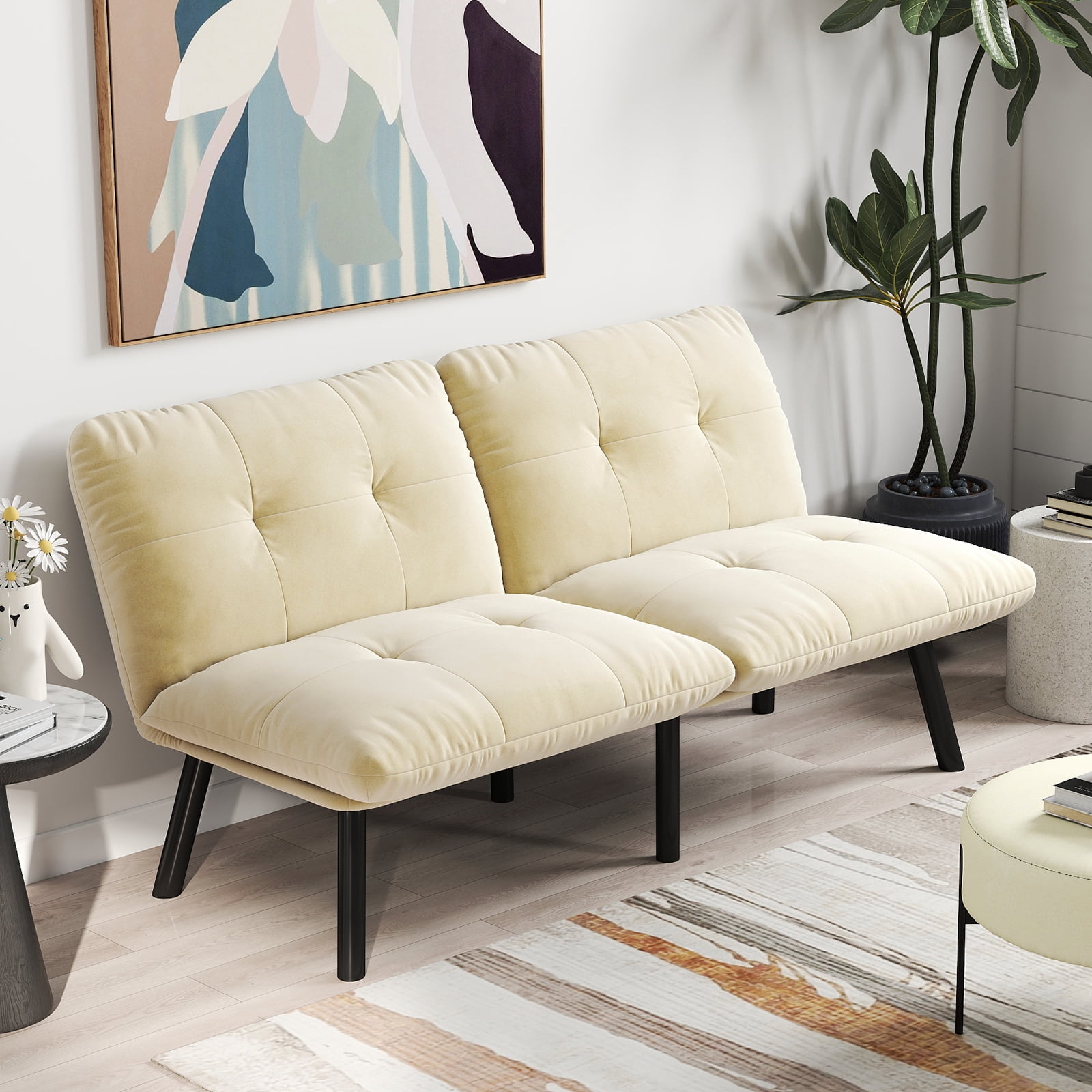 Gewnee Modern Folding Sofa Bed,Velvet Cushions Loveset,Adjustable Backrest,Suitable for Small Apartment.Cream