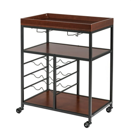 3-Tier Kitchen Trolley Cart with Wine Rack & Glass Holder – Utility Bar Serving Cart, Rolling Storage Cart, Brown