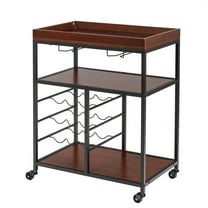 3-Tier Kitchen Trolley Cart with Wine Rack & Glass Holder – Utility Bar Serving Cart, Rolling Storage Cart, Brown