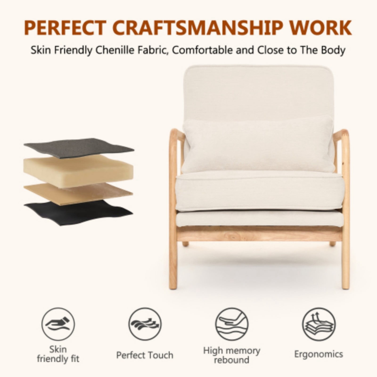 Mid-Century Modern Lounge Chair Single Upholstered Accent Chair with Curved Wood Armrests & Lumbar Cushion, Living Room Bedroom Reading Armchair Indoor, Beige