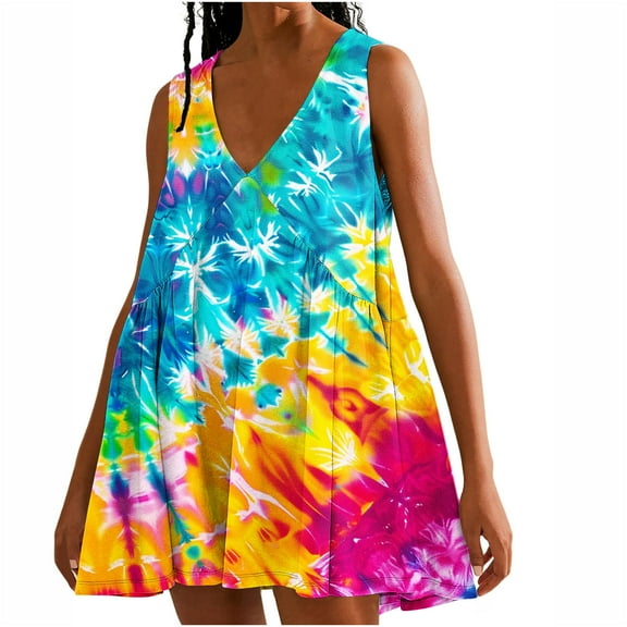 Viikei Women Dress Summer Maxi Dresses,Sun Dresses for Women Plus Size,Women's Tie Printed Casual Loose Pleated Sleeveless V-neck Dress with Pockets Multicolor S