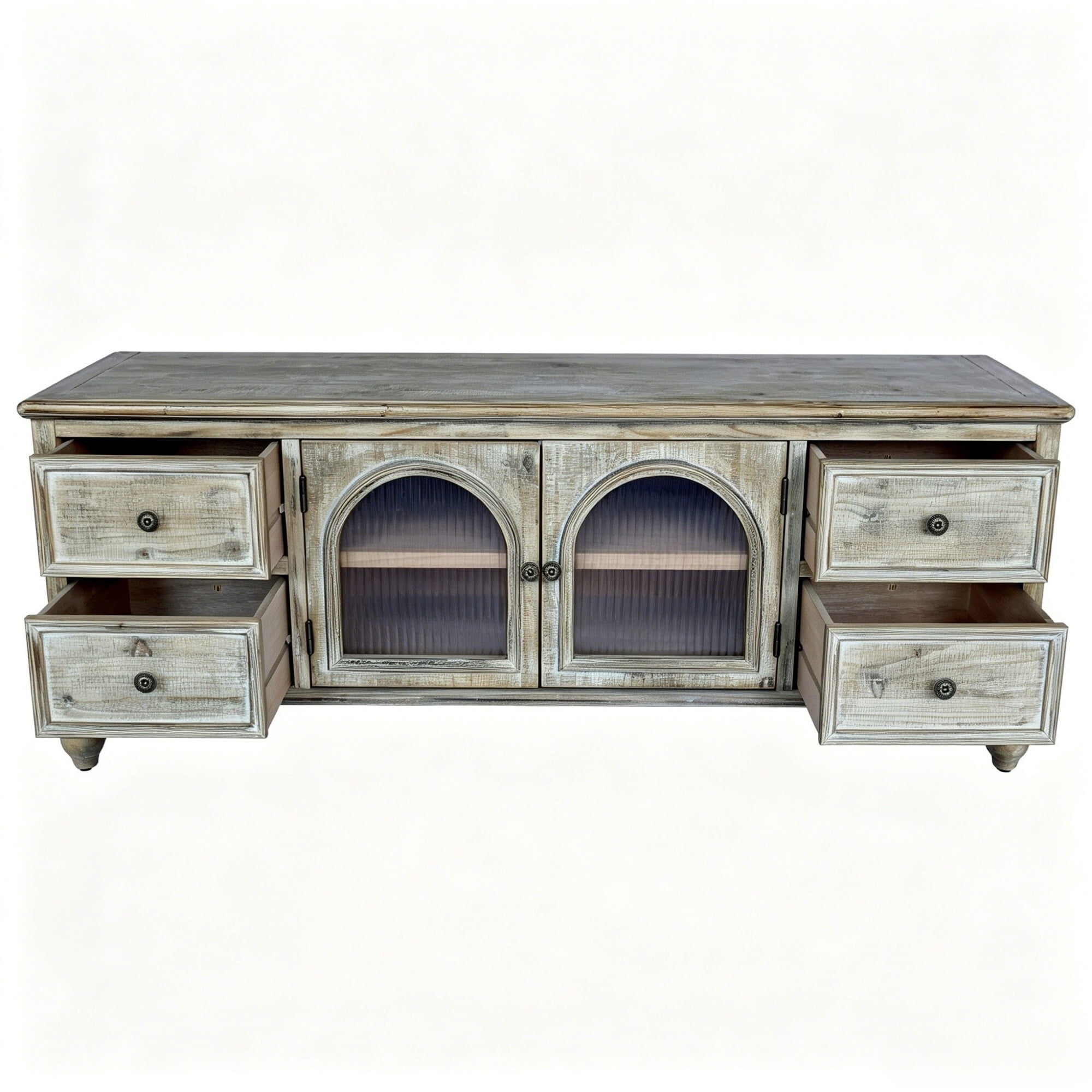AENKYO 60 Inch Farmhouse TV Stand with 4 Drawers & 2 Glass Doors, Rustic Media Console – Gray Wash