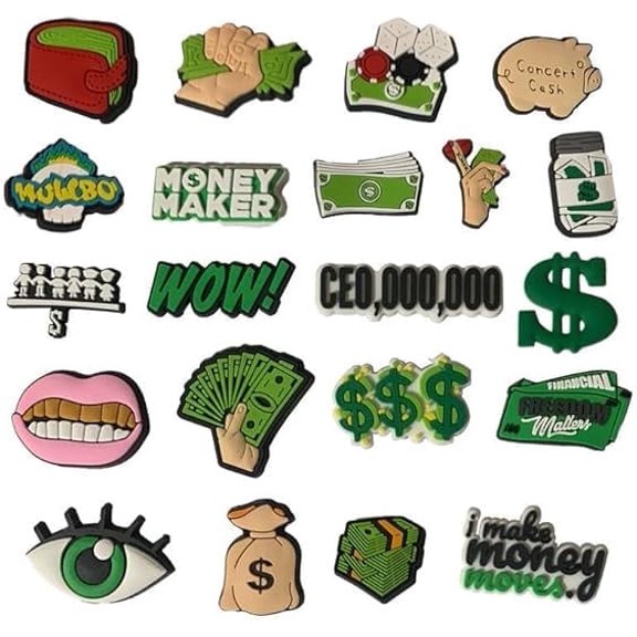 EARNING DOLLAR 20PCS Money & Wealth Shoe Charms for Clog Sandals Footwear Accessories | Prosperity-Themed Shoe Charms for Teens & Adults