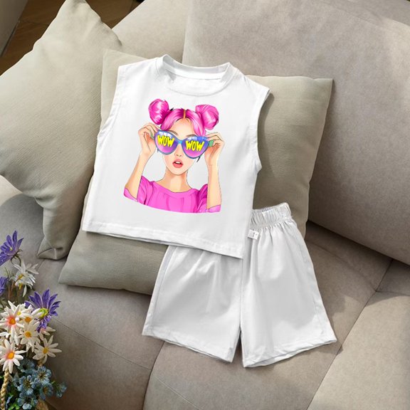 SONGGE Girls Summer Outfit Sets 2 Piece Cute Toddler Tank Tops And Shorts Casual Playwear Soft Breathable Comfortable Outfit Sets For Baby Girl Cartoon Boho Clothes Sets
