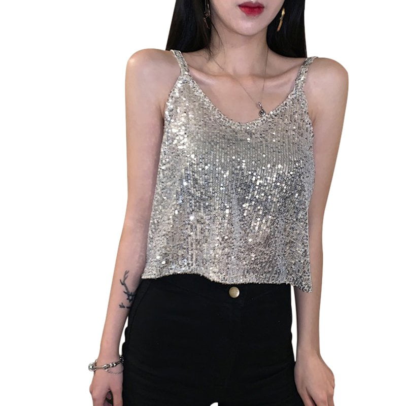 Chanyuhui Womens Sleeveless Sequin Top Sparkle Shimmer Camisole Vest Tank Tops Casual Loose V-Neck Sling T-Shirt Blouse 