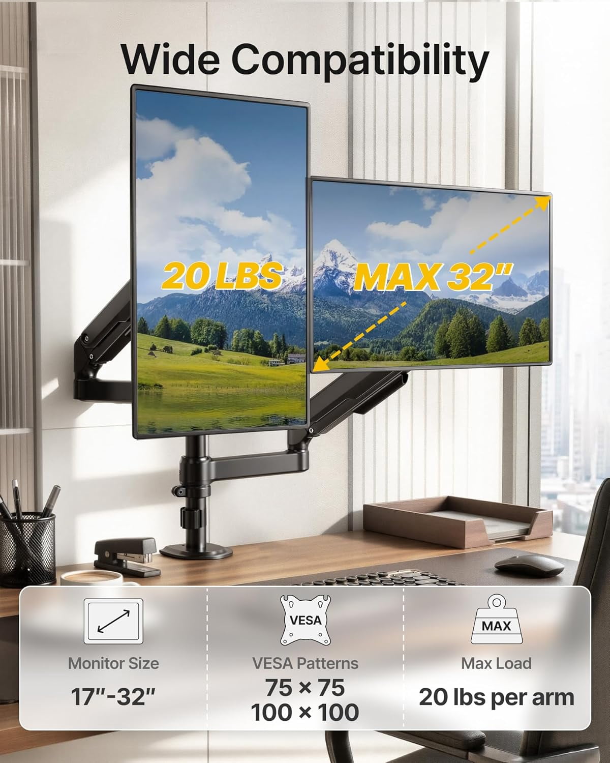 monTEK Vertical Dual Monitor Stand for 17"-32" Screens, Stacked Dual Monitor Mount with Full Motion Adjustment, Heavy Duty Steel Desk Mount, VESA 75/100mm, Holds 19.8 lbs