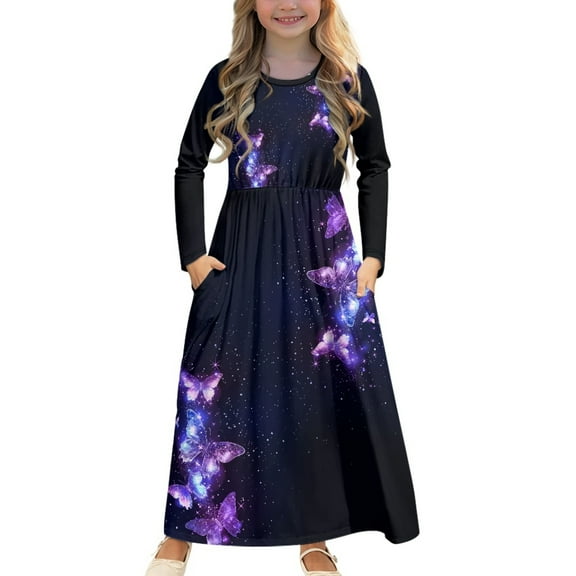 DISNIMO Purple Butterfly Dress Long Sleeve for Girls 5-6 Dresses for Kids Long Sleeve Dresses for Kids Girl Frock with Pockets for Kids Swing Dress Long Sleeves Girls Midi Dress Fall