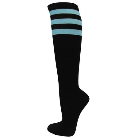 

Couver Black Triple Striped Knee High Ladies Girls Fashion Casual Tube Cotton Socks Black / Sky Blue