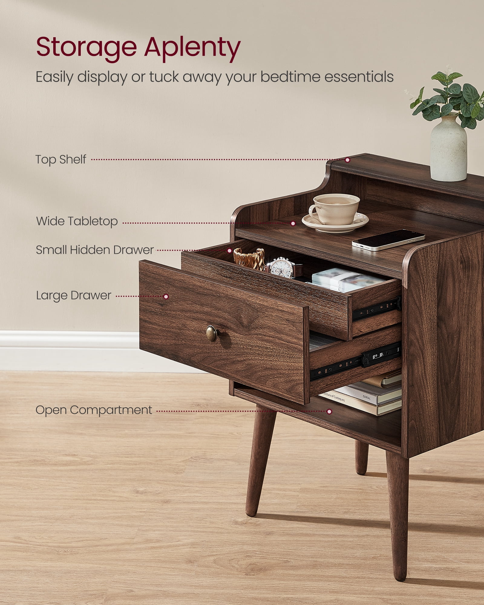 Nightstands, Set of 2, Bedside Tables with Hidden Drawers, Mid-Century End Tables with Solid Wood Legs, Side Tables for Bedroom, Natural Walnut