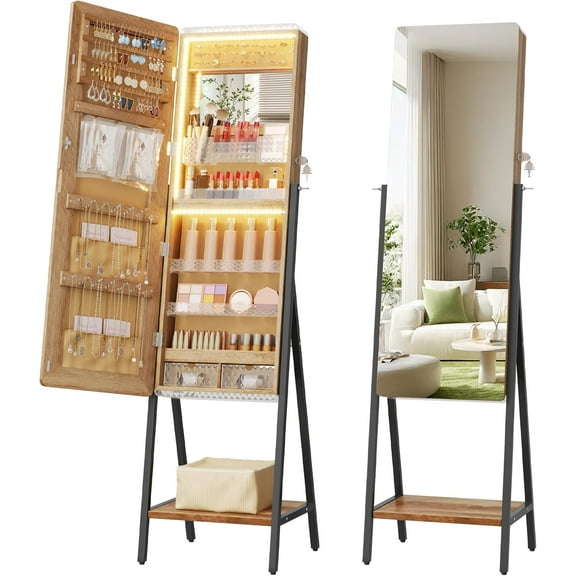 LVSOMT LED Standing Jewelry Mirror Cabinet, Stand Up Full Length Mirror with Storage, Lockable Floor Jewelry Armoire Organizer with 2 Drawers, Bottom Shelf, Built-in Lighted Makeup Mirror (Brown)