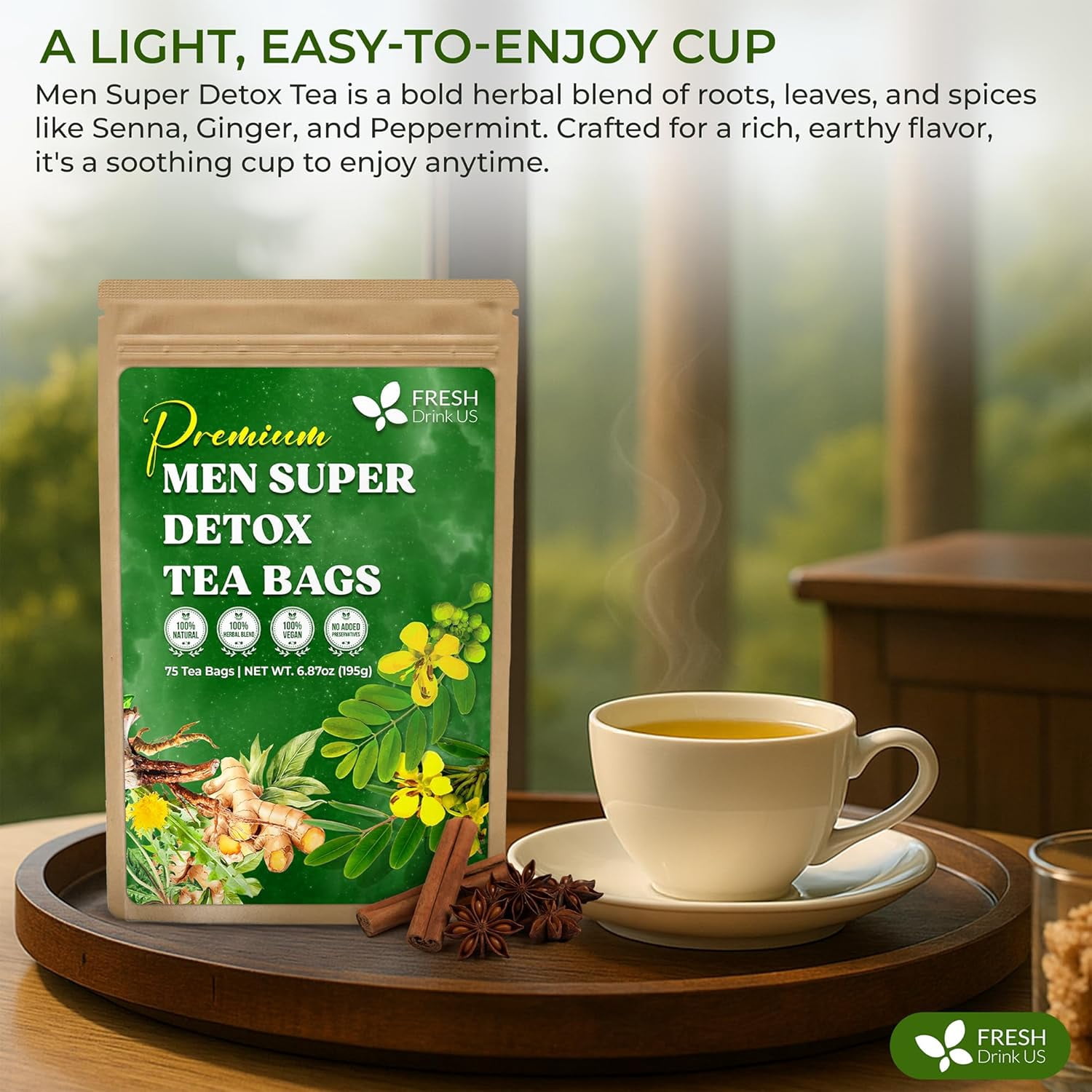 FreshDrinkUS, Premium 135 Tea Bags Men Super Detox Tea – Herbal Blend with Senna, Dandelion Root, Ginger, Peppermint & More – 100% Natural, Sugar-Free. Caffeine-Free, Gluten-Free, Vegan