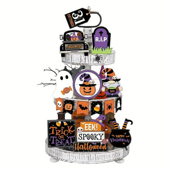 MInHoues 15Pcs Halloween Tiered Tray Wooden Decor Set, Rustic Farmhouse Spooky Wooden Sign Ornaments, Tabletop Decor Kit for Home Party Mantel Tiered Tray Supplies