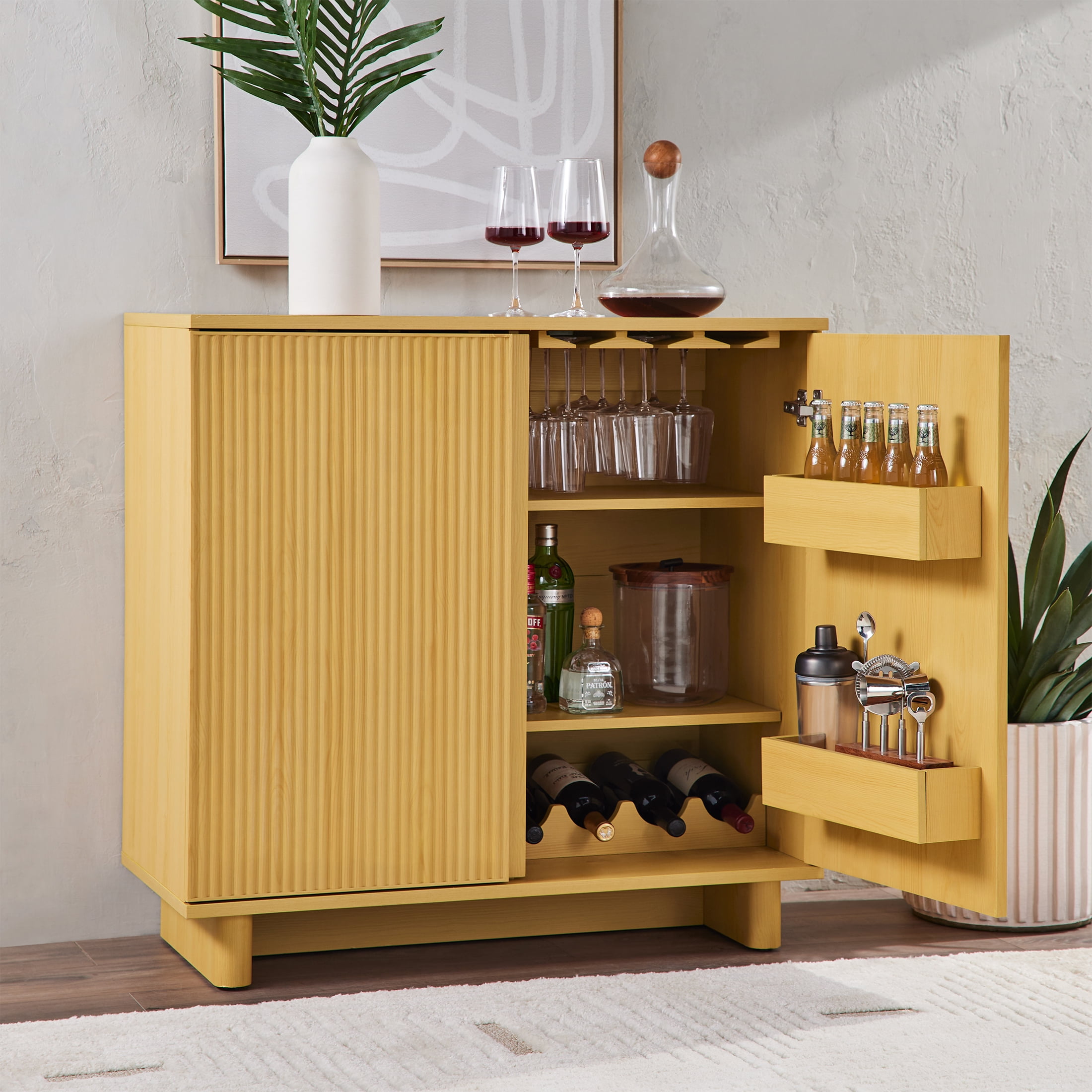 Better Homes & Gardens Lillian Fluted Bar Cabinet, Natural Pine