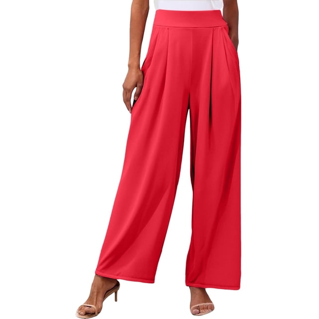 Pantalones palazzo anchos de color liso para mujer: cintura alta con cinturilla elástica, poliéster y spandex, pantalones largos informales con bolsillos laterales.