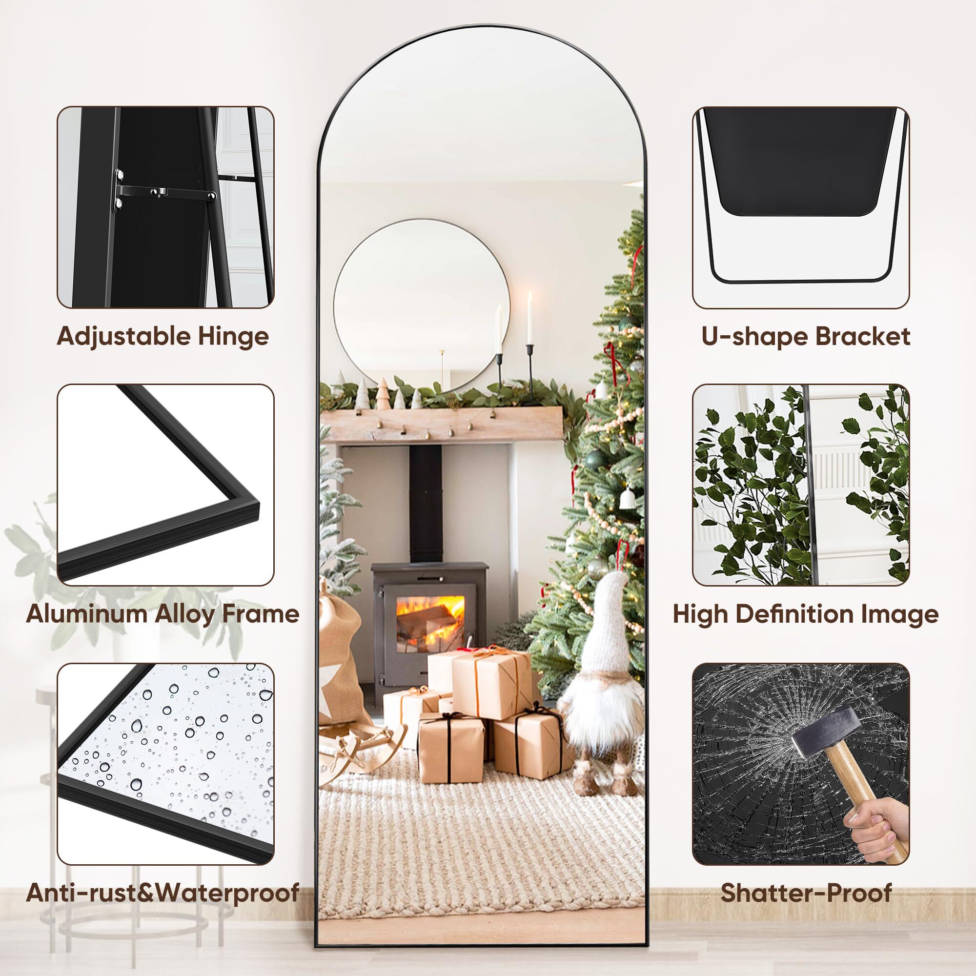 Anyrose 64.25"x 21" Arched Modern Full Length Floor Mirror Wall Mounted, Black
