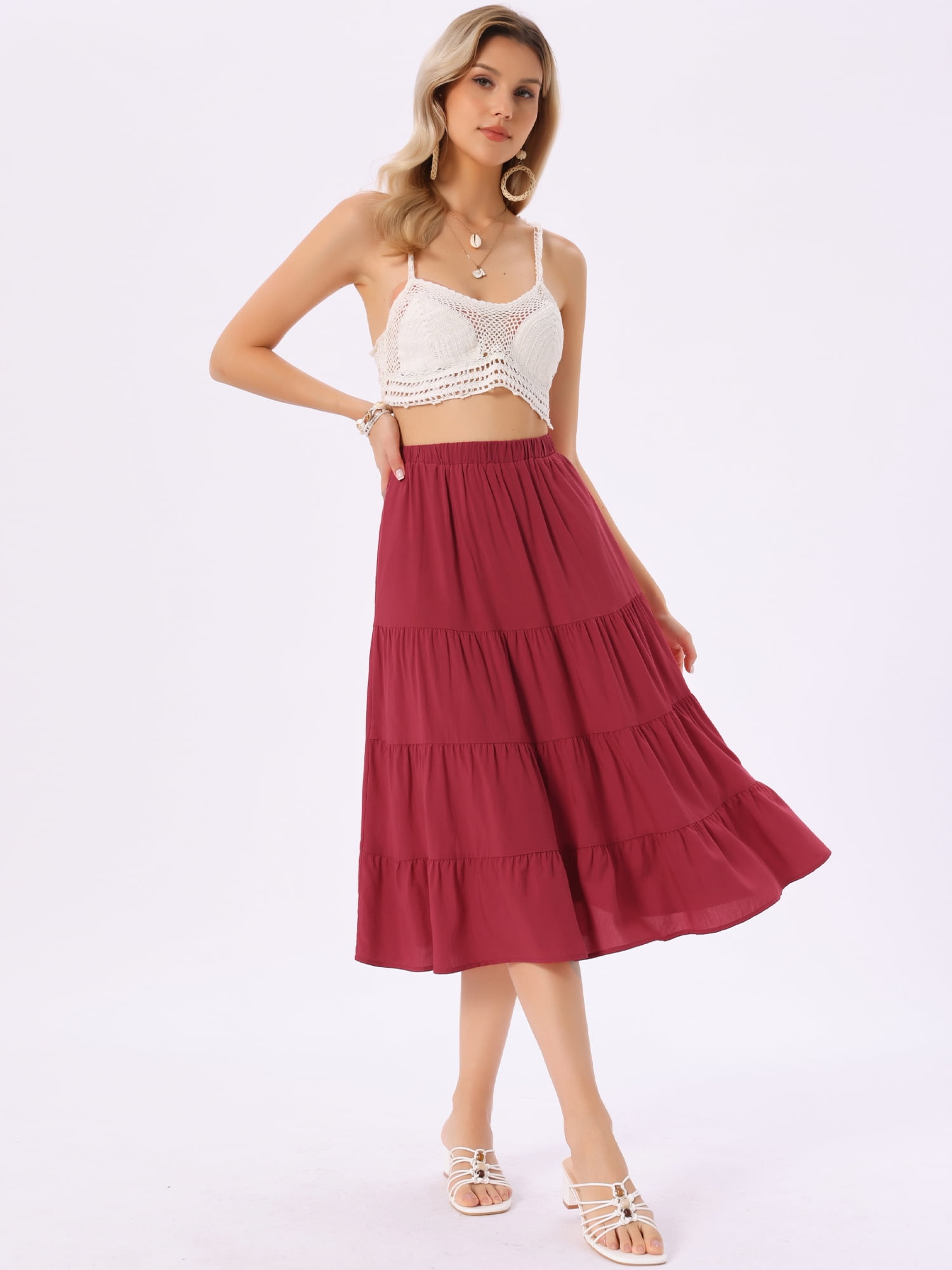 DARING DIVA Women's Flare Tiered Pleated Solid Elastic Waist A-Line Skirt M Red