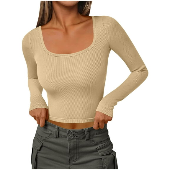 Long Sleeve Shirts for Women Ribbed Knit Pullover Solid Squre Neck Casual Base Fitted Tees Slim Cute Crop Tops Fall Outfits 2025 Simple and Basic Top for Daily