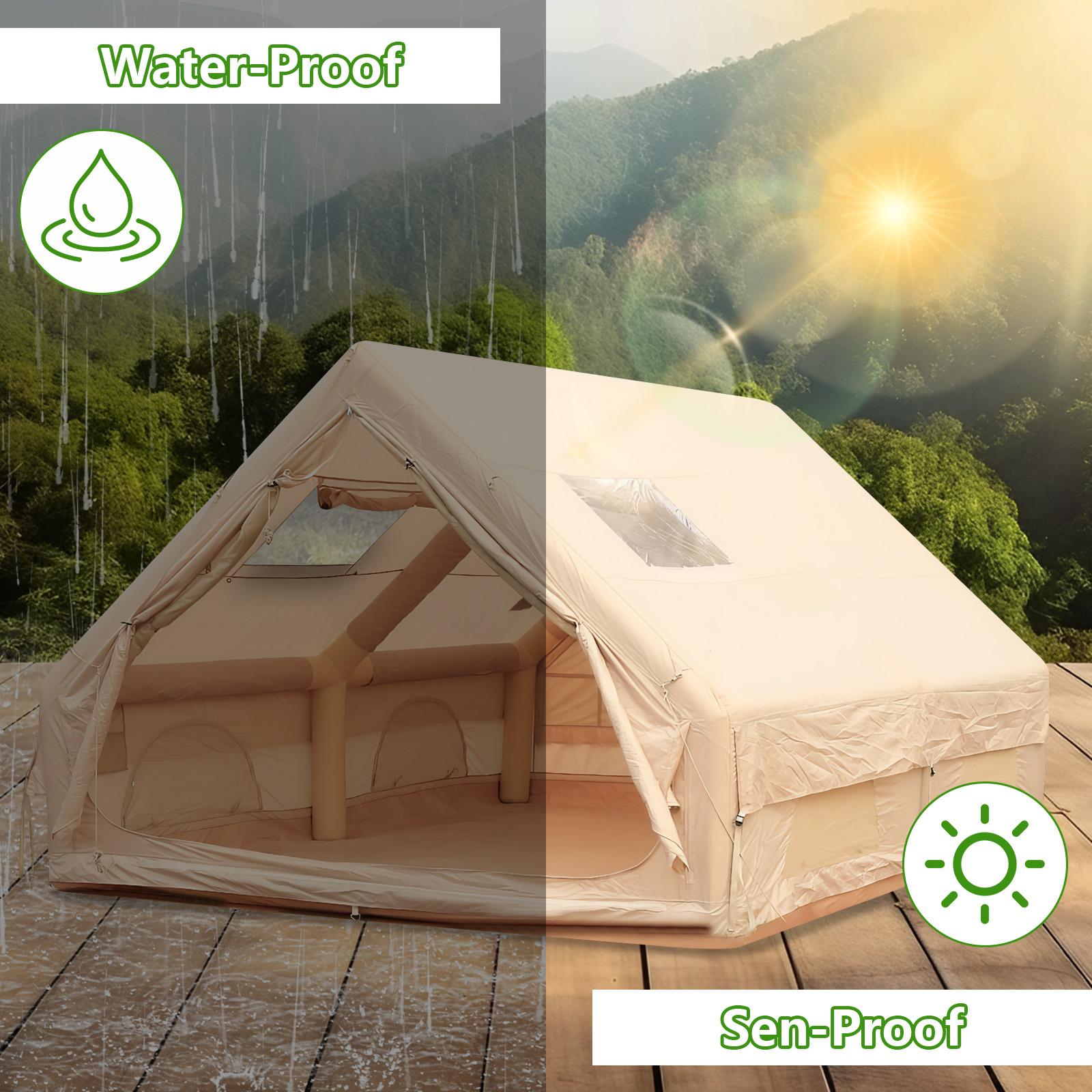 Qiyester Inflatable Camping Tent Waterproof Outdoor Cabin House with Hand Pump Doors Mesh Windows 4 Season 129 sq.ft No Assembly Needed