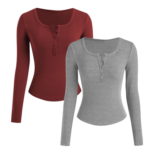 Timegard Womens Tops 2pc Ribbed Button Notched V Neck Blouse Fall Casual Slim Going out Tops Solid Color