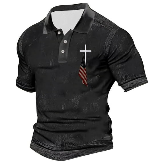 Polo T Shirts for Men Slim Fit Crucifix Printed Short Sleeve Button Up Collared Tops Summer Sport Breathable Stretchy Mens Dress Shirts Black L