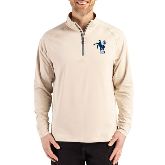 Men's Cutter & Buck Tan Indianapolis Colts Throwback Logo Adapt Eco Knit Stretch Recycled Quarter-Zip Pullover