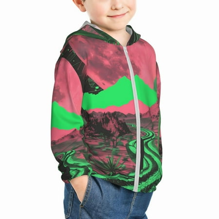 

Uemuo Neon Desert Moon Pattern Rash Guard for Boys Girls Long Sleeve Swim Shirts UPF 50+ UV Sun Protection Hooded Fishing Shirt with Pocket for Kid-18 Months