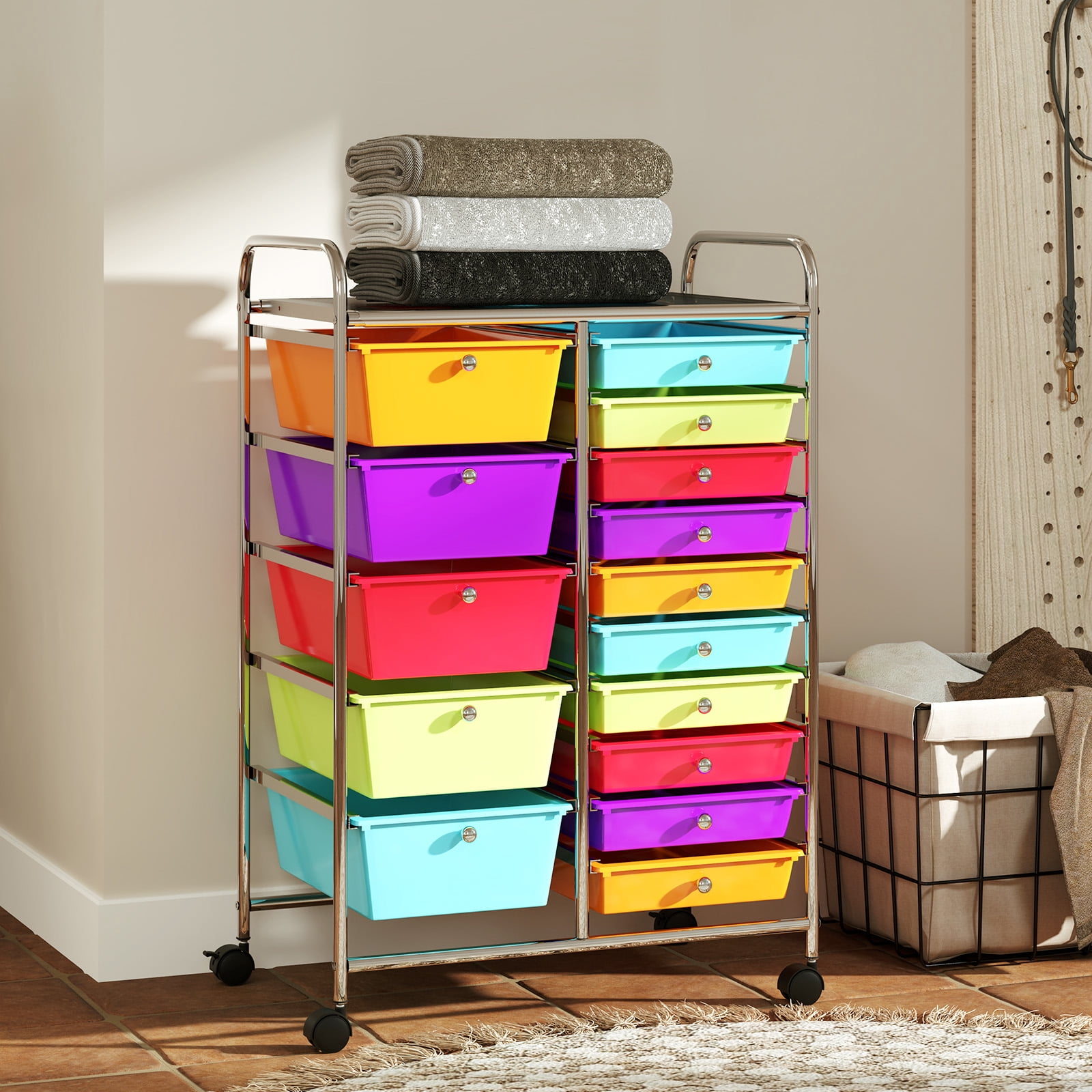Costway 15-Drawer Rolling Storage Cart Mobile Organizer with Lockable Wheels Multicolor