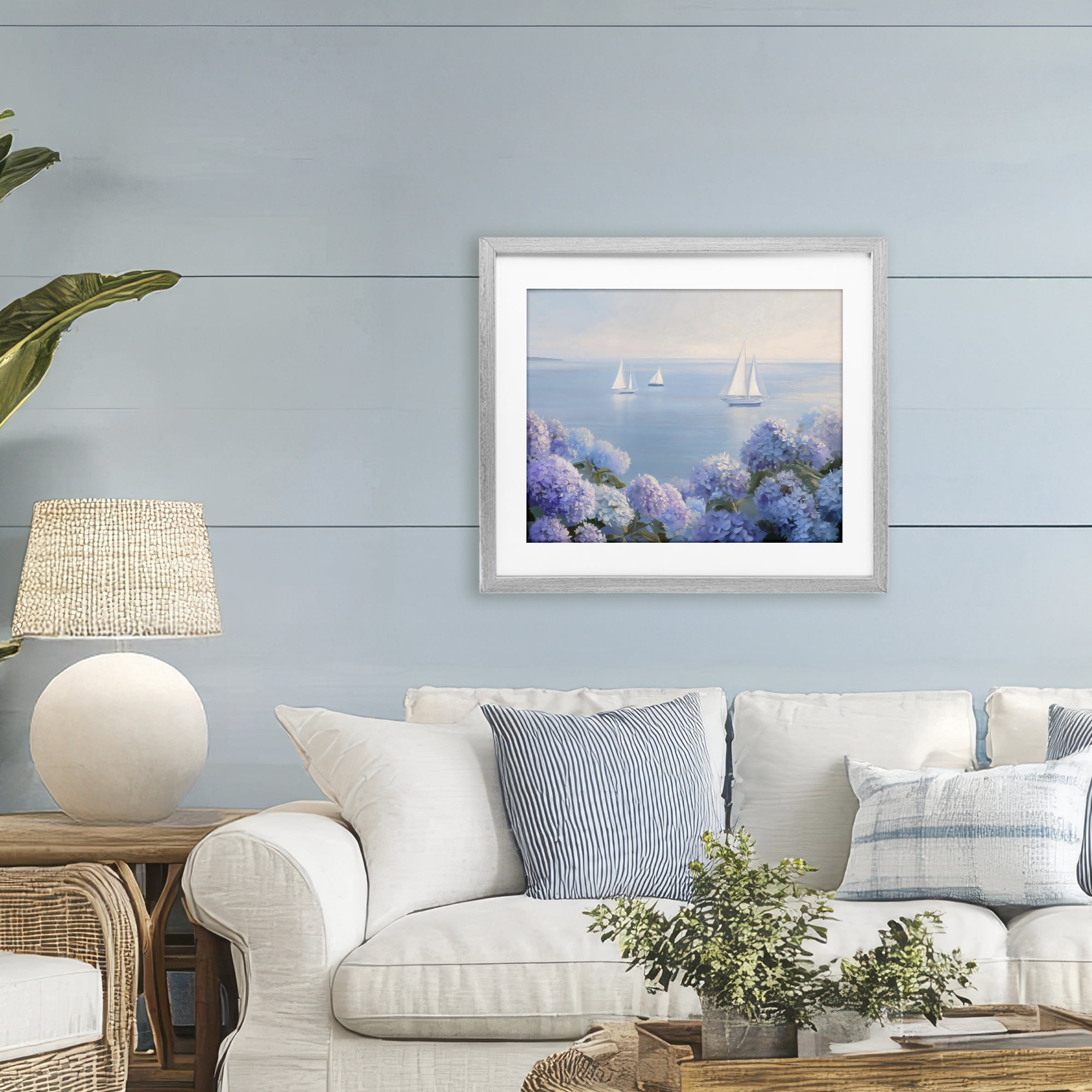 Stupell Industries Sailboats & Hydrangeas at Sea Gray Framed Print Under Glass, design by LSR Design Studio
