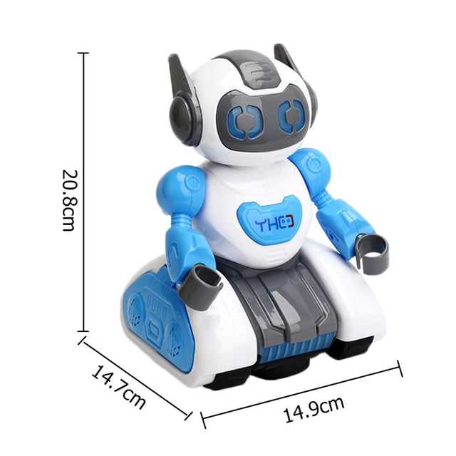 jongenrobot educativo electrónico para niños juguetes educativos para niños regalo de — Robot inteligente blanco y azul, 20.8 x 14.9 x 14.7 cm, vista frontal 3/4; cuerpo y cabeza redondeados en plástico ABS con panel frontal marcado y ojos LED, brazos articulados y base con orugas, luces coloridas y modo de baile con sonido; fondo blanco. Adecuado para niños de 3 a 6 años y frecuentemente usado como regalo de cumpleaños.