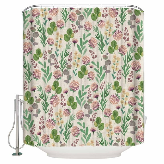Fabric Shower Curtain Rustic Pink Green Hydrangea Flowers Eucalyptus Leaf Beige Shower Curtains with 12 Hooks Waterproof Machine Washable Bath Curtains for Bathroom, 48x 72in