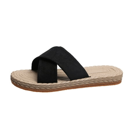 

Cathalem Ladies Fashion Solid Color Suede Strap Straw Woven Bottom Flat Open Toe Slippers Black 37
