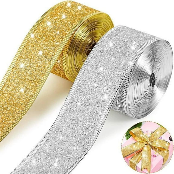 10yd 50mm Christmas Ribbon Wired Edge Glitter Ribbon for Gift Wrapping Xmas Tree Bowknot Wreath Ornament Decoration