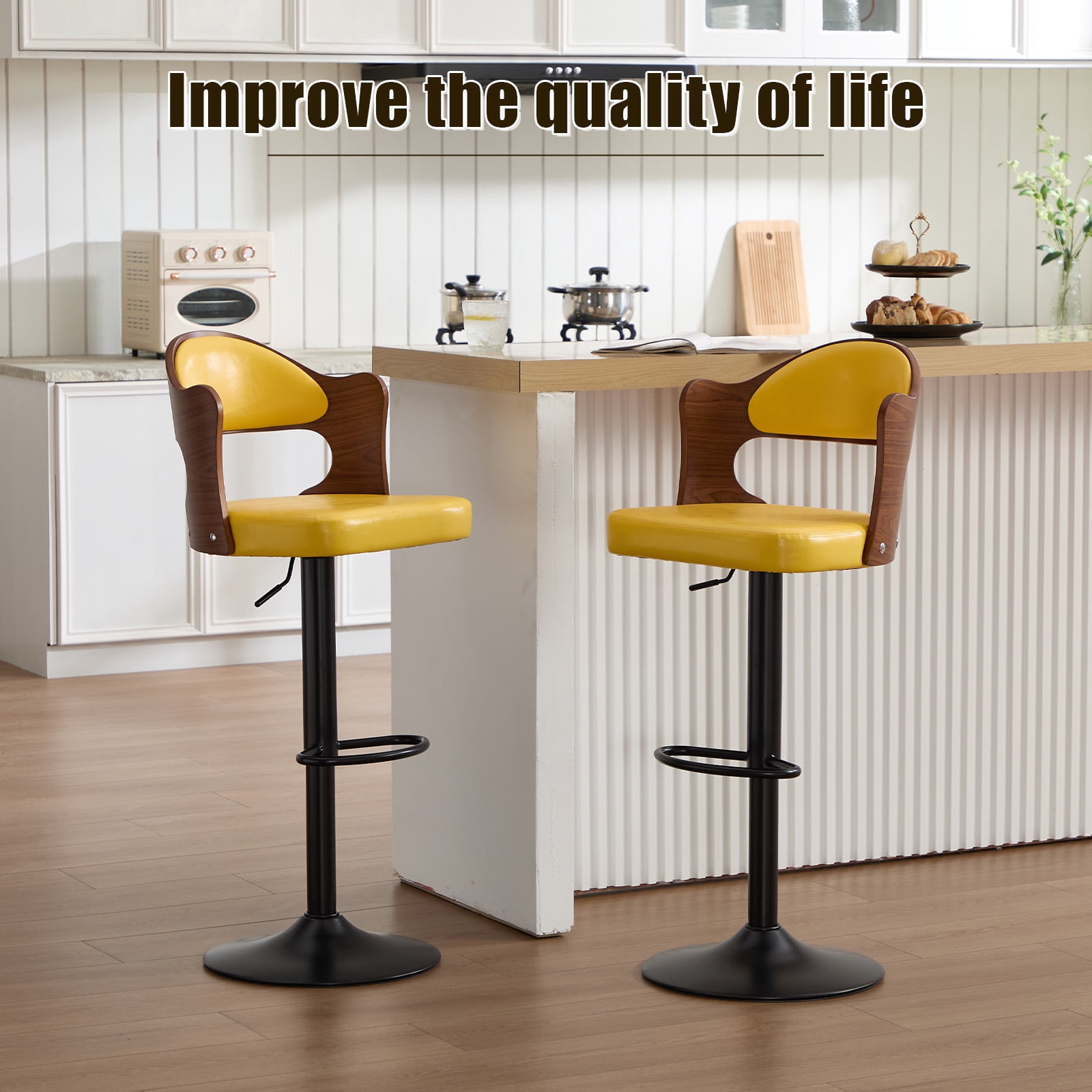 MOONMISS Swivel Bar Stools Set of 2, Wooden Kitchen Bar Chairs with Back, PU Leather Counter Height Barstools for Kitchen Island,Yellow